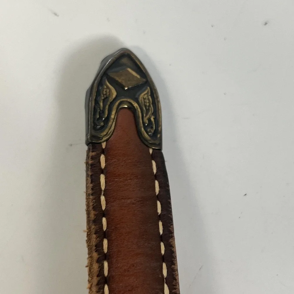 Western Leather Textan Belt 32 Brown Studded Cowhide Stitched‎ Made USA 1725B
